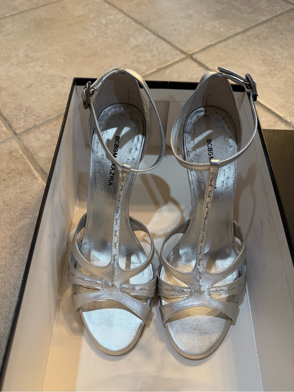 BCBGMaxAzria Silver Metallic T‑Strap Ankle Strap Heels